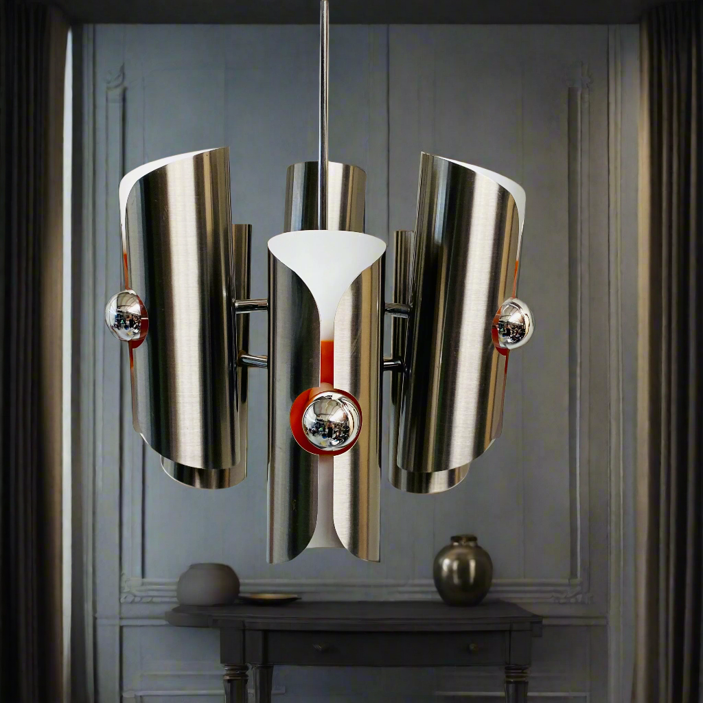 Mid-Century Pendant lamp by Polam Stainless Steel Chandelier 1970