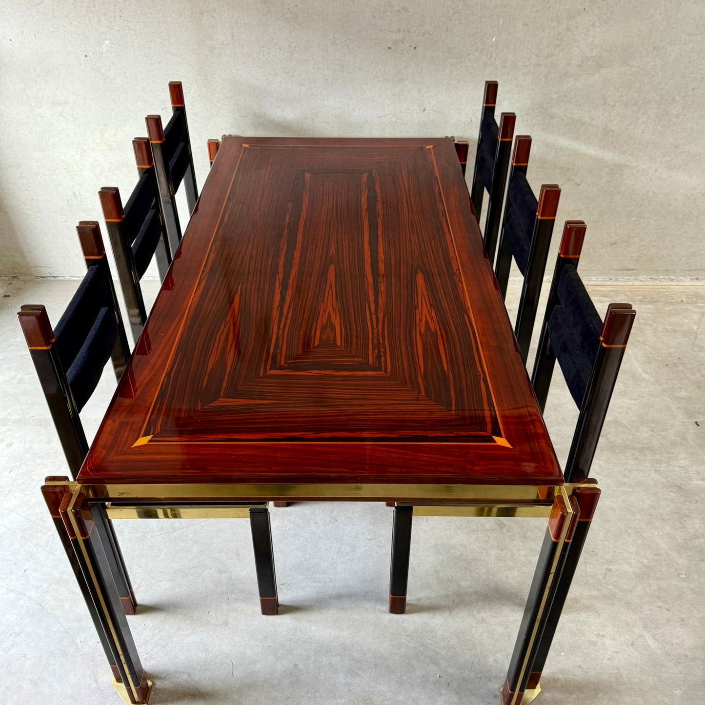 Ensemble de salle à manger en laiton et noyer italien, style Mid-Century, par Paolo Barracchia pour Roman Deco, Italie, 1978