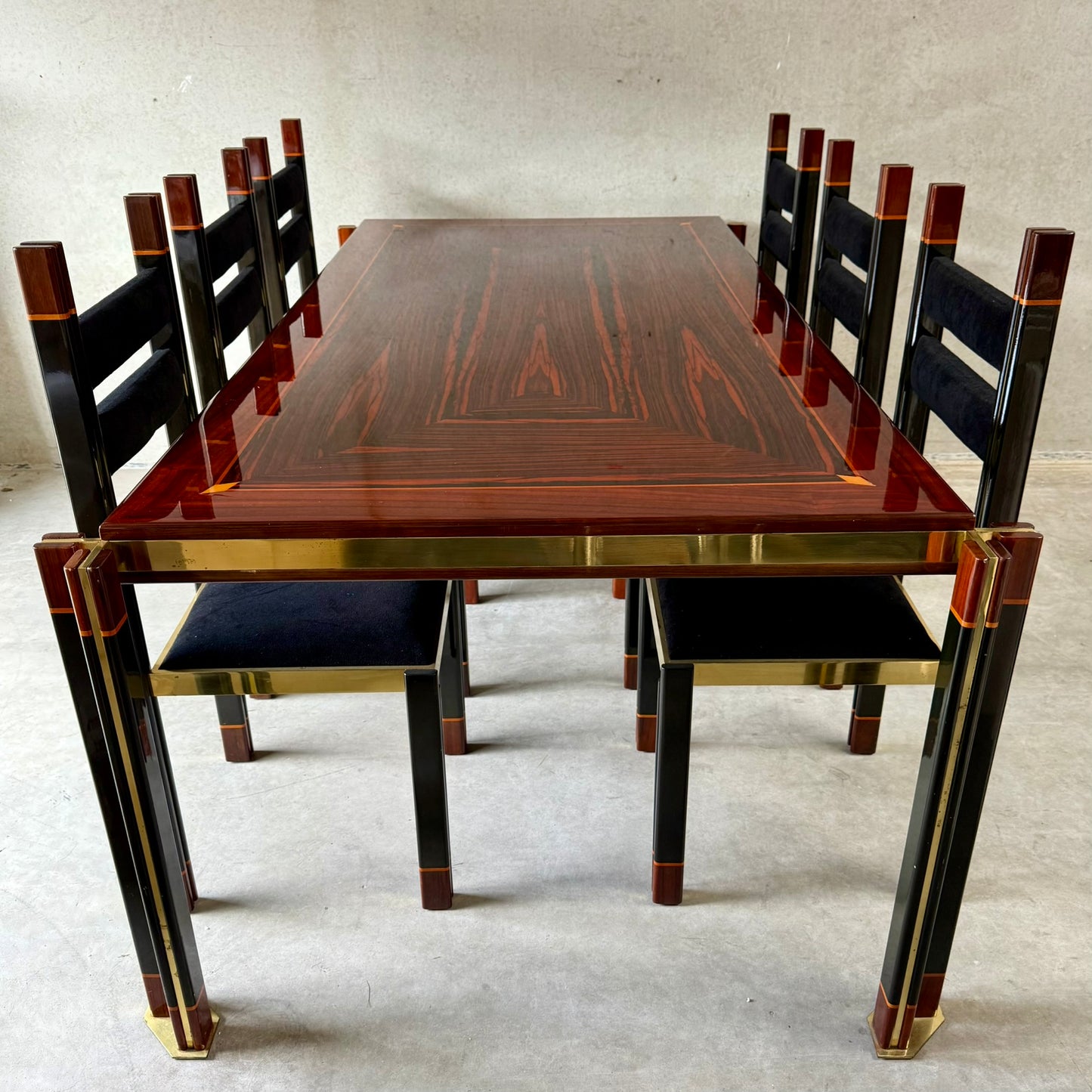Ensemble de salle à manger en laiton et noyer italien, style Mid-Century, par Paolo Barracchia pour Roman Deco, Italie, 1978