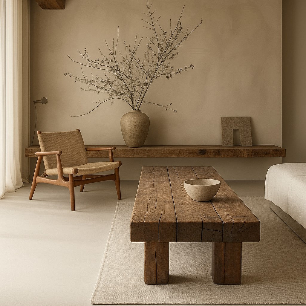 Table basse rustique en chêne massif, style brutaliste Wabi Sabi, avec poutres apparentes, France 1960