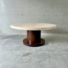 Load image into Gallery viewer, Round Travertine Coffee Table With Wooden Base, Italy 1970
