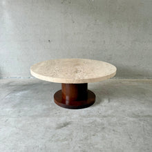 Load image into Gallery viewer, Round Travertine Coffee Table With Wooden Base, Italy 1970
