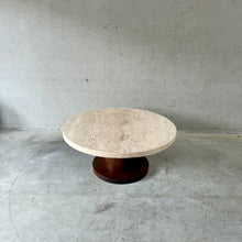 Load image into Gallery viewer, Round Travertine Coffee Table With Wooden Base, Italy 1970

