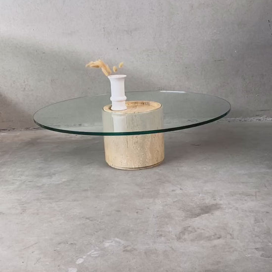Mid-Century Round Travertine Glass Coffee Table Italy 1970