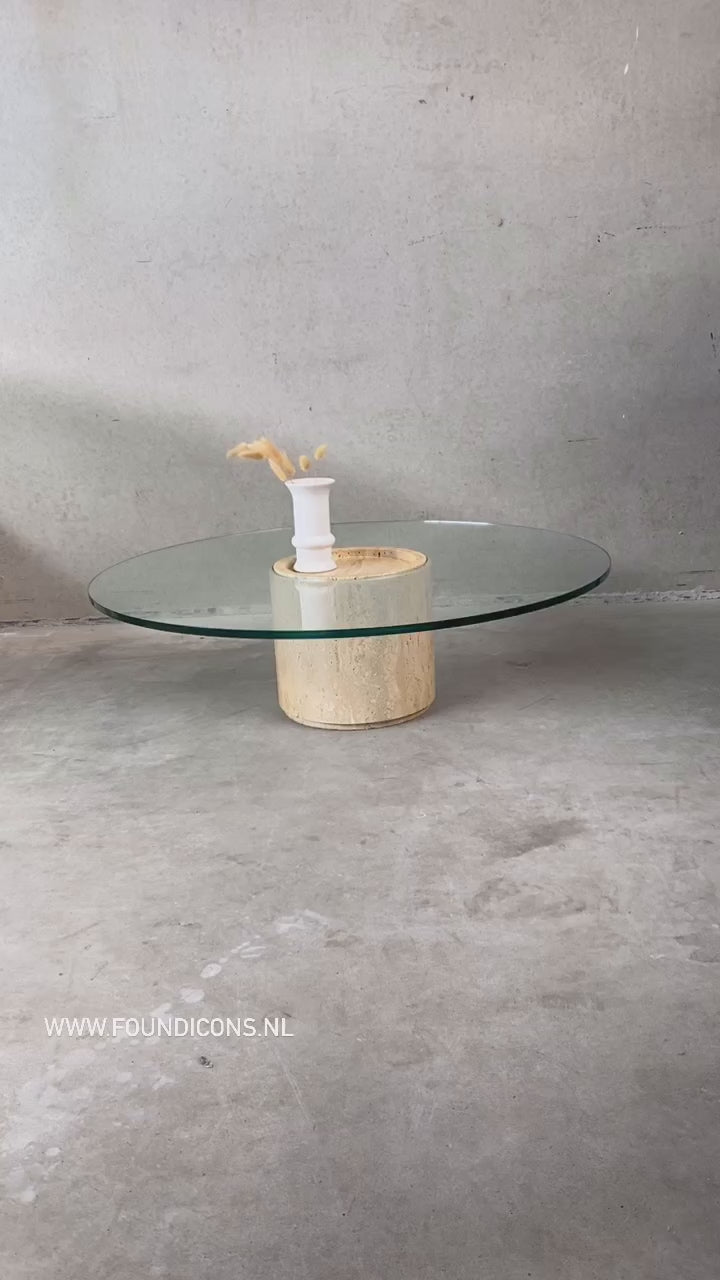 Mid-Century Round Travertine Glass Coffee Table Italy 1970