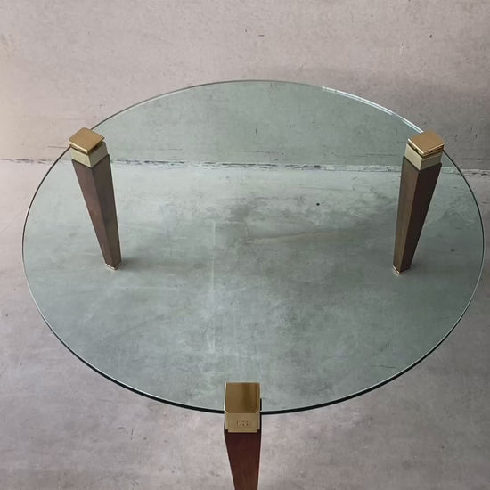 Mid-century Peter Ghyczy Round Brass Glass Oak Coffee Table 1970
