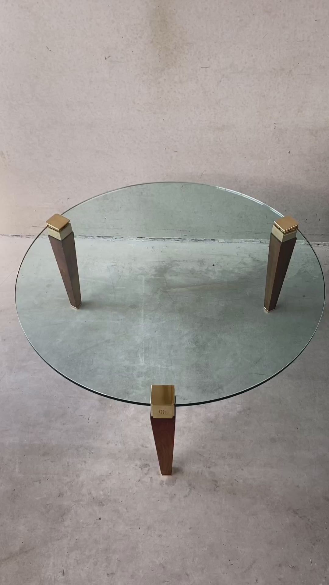 Mid-century Peter Ghyczy Round Brass Glass Oak Coffee Table 1970