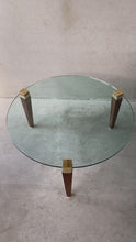 Load and play video in Gallery viewer, Mid-century Peter Ghyczy Round Brass Glass Oak Coffee Table 1970
