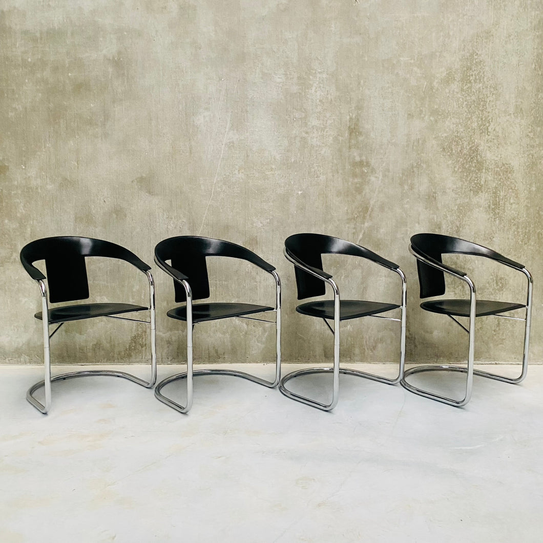 Set of 4 Black Saddle Leather Dining Chairs by a. Rizzatto for Lo Studio, Italy 1980
