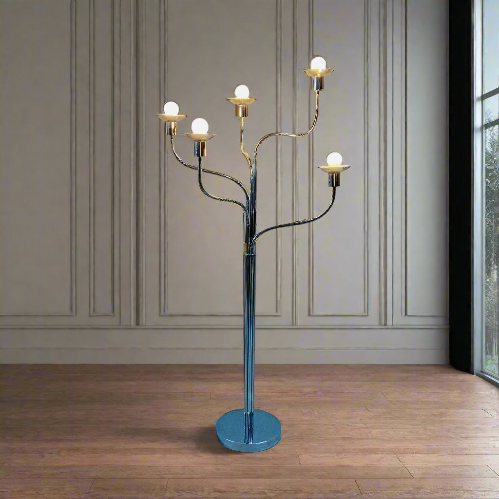 Stehlampe aus der Mitte des 20. Jahrhunderts, verchromt, mit fünf flexiblen Armen, Stil Pierre Folie für Jacques Charpentier, 1960