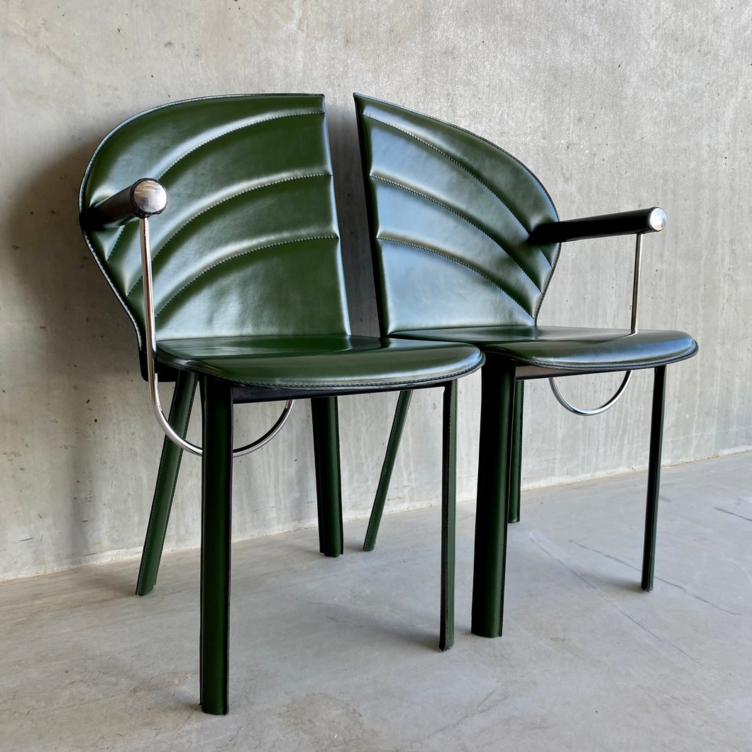 2 X Green Leather Arm Chairs by Mario Morbidelli for Naos, Italy 1980s