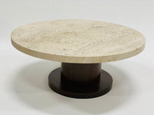 Load image into Gallery viewer, Round Travertine Coffee Table With Wooden Base, Italy 1970

