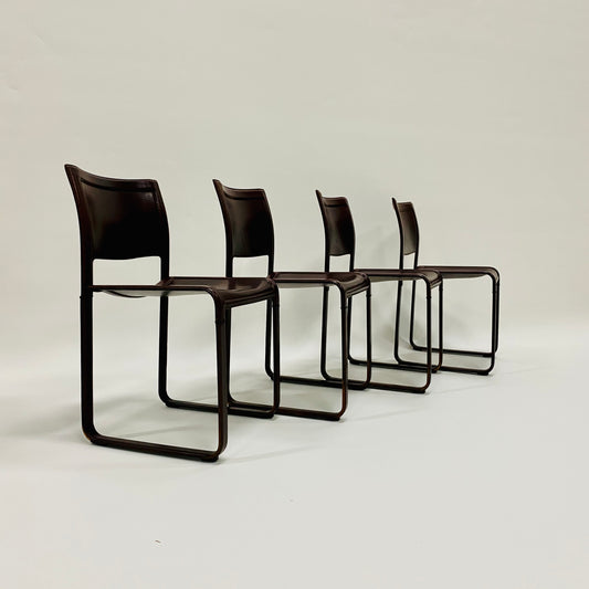 Set aus 4 burgunderfarbenen Sistina Strap Chairs aus Leder von Tito Agnoli für Matteo Grassi, Italien 1980