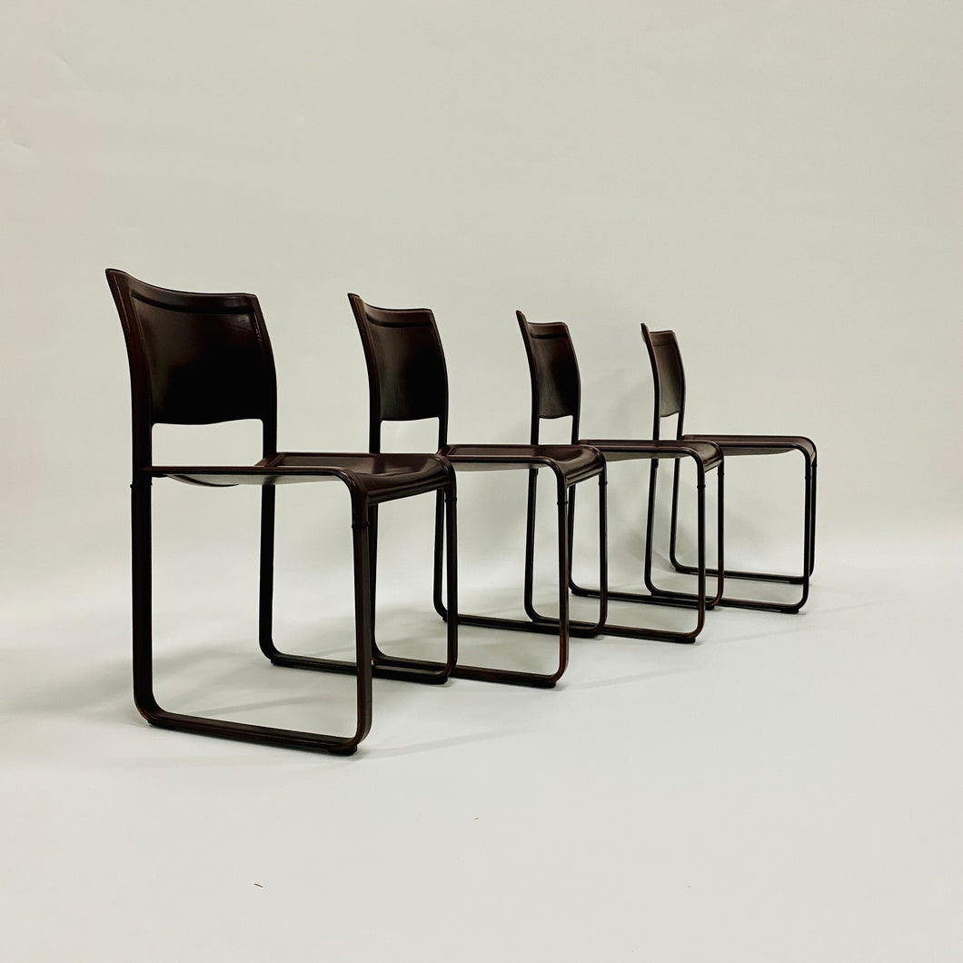 Set of 4 Burgundy Leather Sistina Strap Chairs by Tito Agnoli for Matteo Grassi, Italy 1980