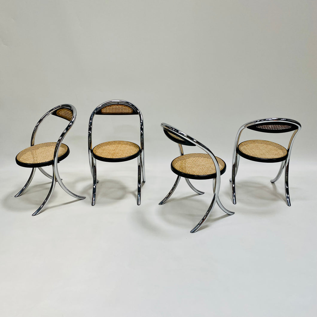 Set of 4 Italian Design Webbing Dining Chairs With Chrome Tube Frame Italy 1970