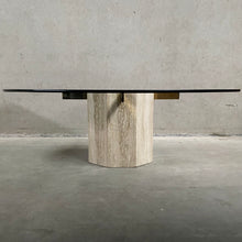 Load image into Gallery viewer, ITALIAN DESIGN TRAVERTINE COFFEE TABLE WITH GLASS TOP &amp; BRASS ARTEDI, ITALY 1970S
