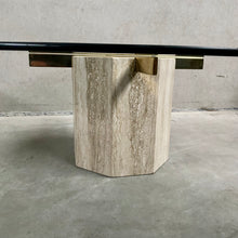 Load image into Gallery viewer, ITALIAN DESIGN TRAVERTINE COFFEE TABLE WITH GLASS TOP &amp; BRASS ARTEDI, ITALY 1970S
