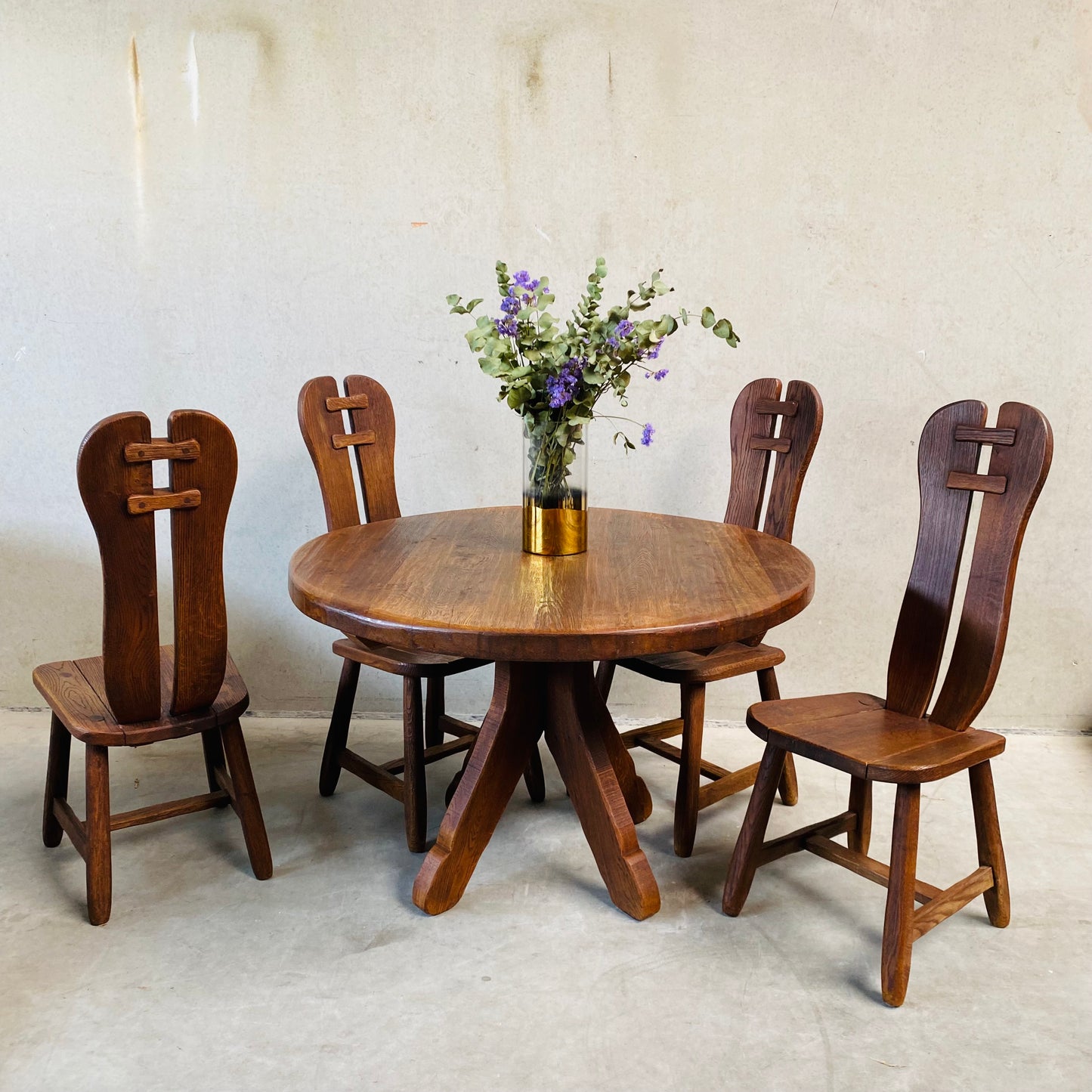BRUTALIST ROUND DINING SET BY KUNSTMEUBELEN DE PUYDT, BELGIUM 1970S