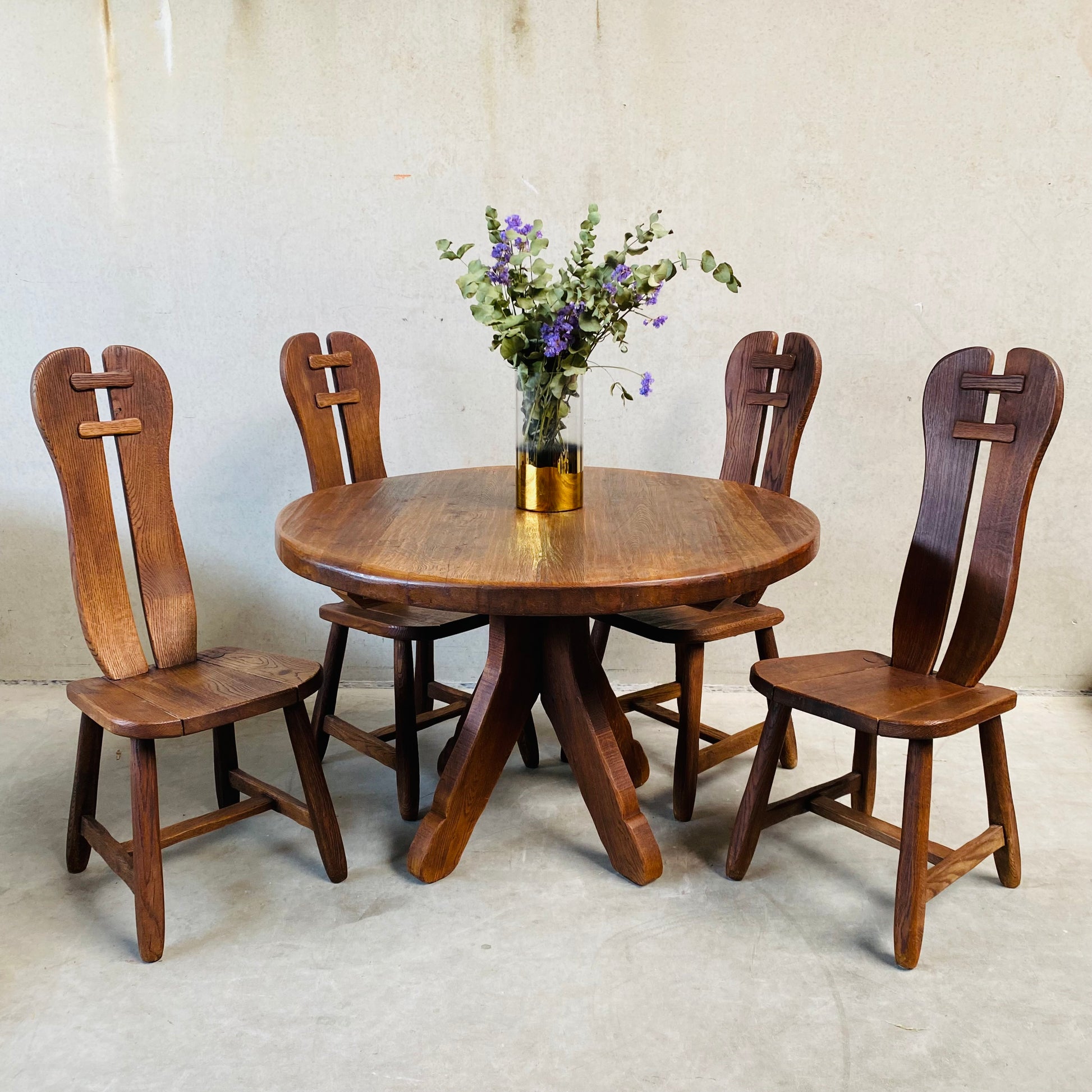 BRUTALIST ROUND DINING SET BY KUNSTMEUBELEN DE PUYDT, BELGIUM 1970S