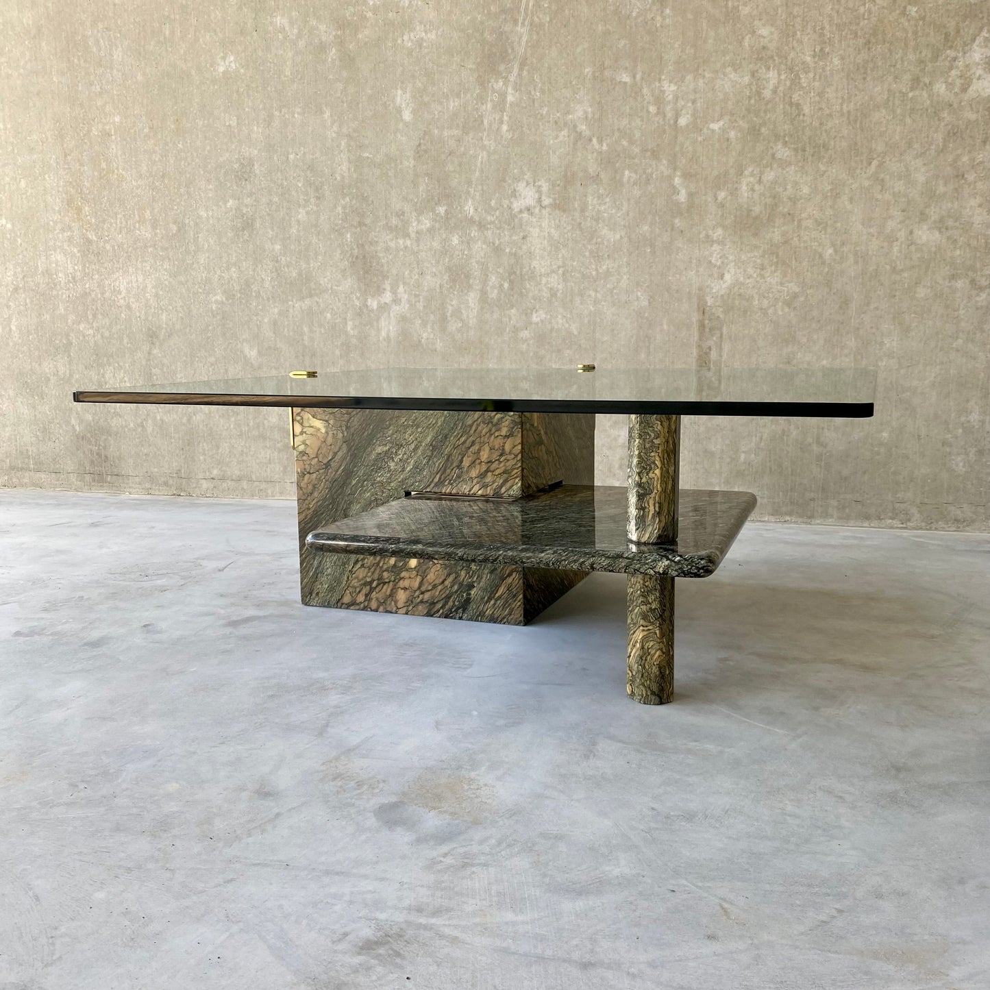 LARGE SICILIAN MARBLE COFFEE TABLE WITH GLASS TOP, ITALY 1980S