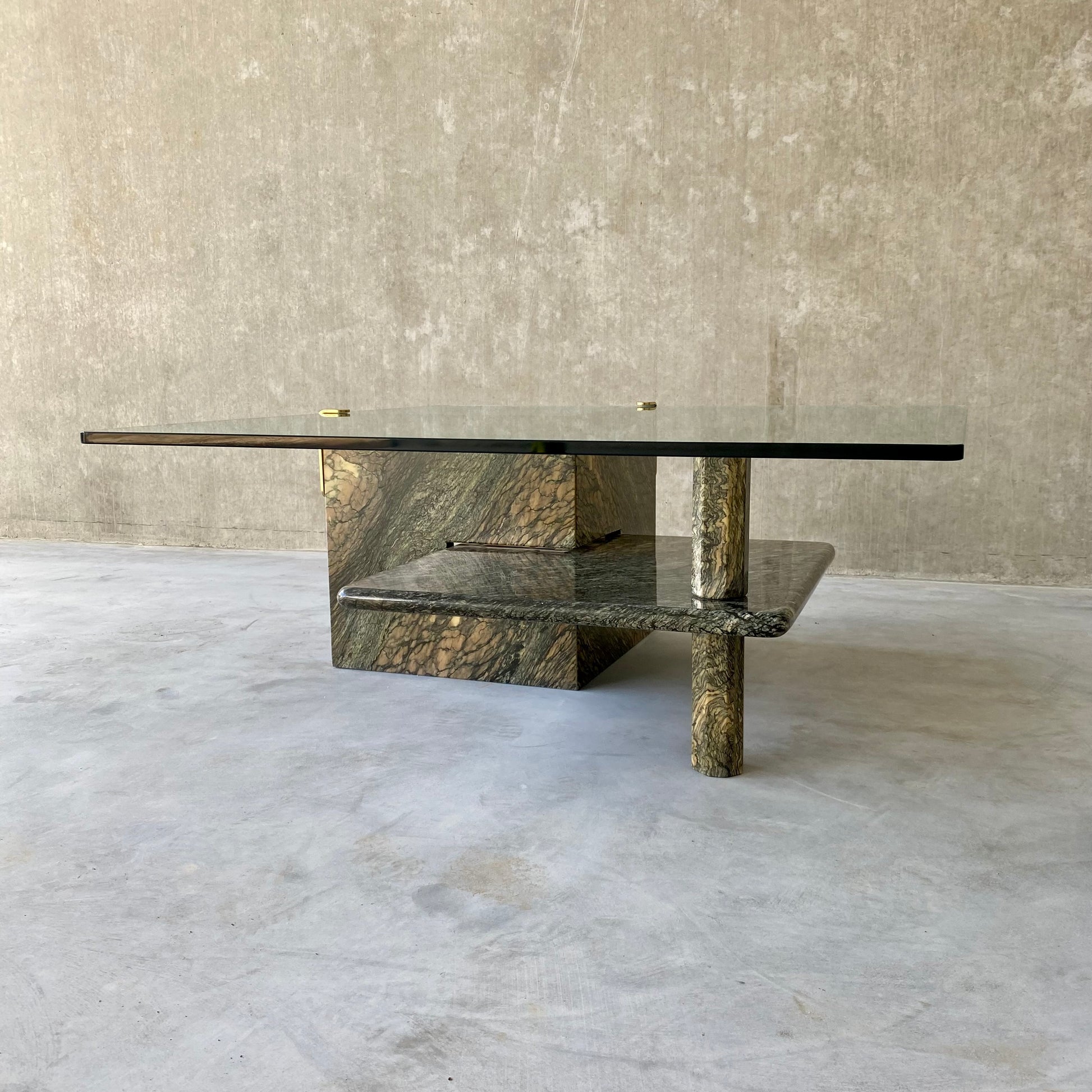 LARGE SICILIAN MARBLE COFFEE TABLE WITH GLASS TOP, ITALY 1980S