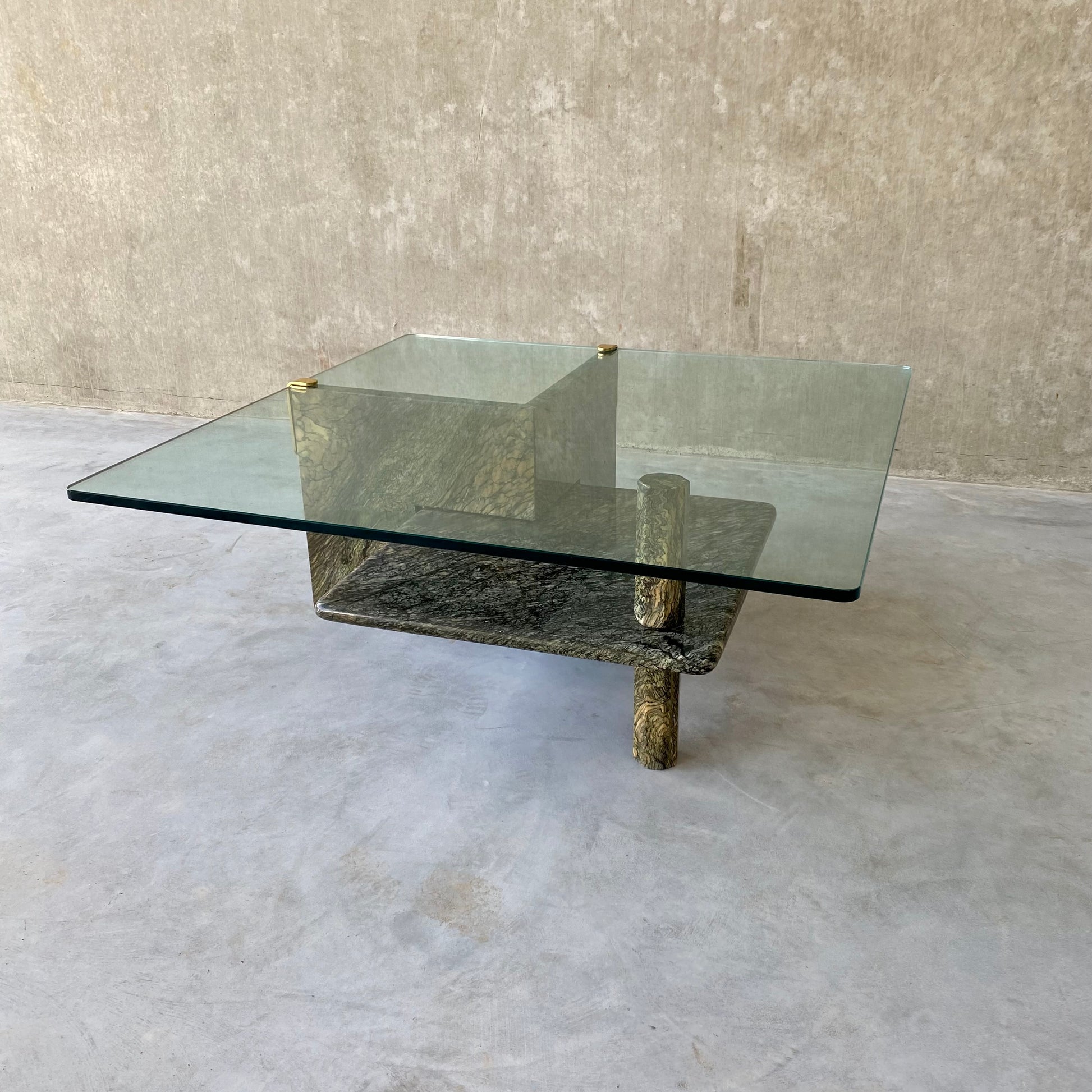LARGE SICILIAN MARBLE COFFEE TABLE WITH GLASS TOP, ITALY 1980S