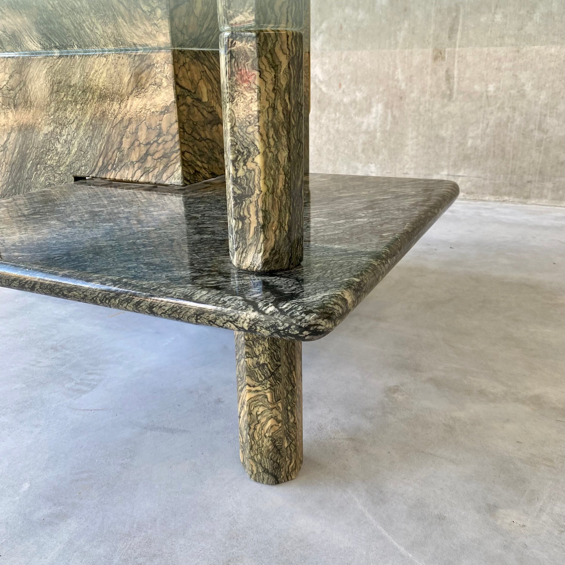 LARGE SICILIAN MARBLE COFFEE TABLE WITH GLASS TOP, ITALY 1980S
