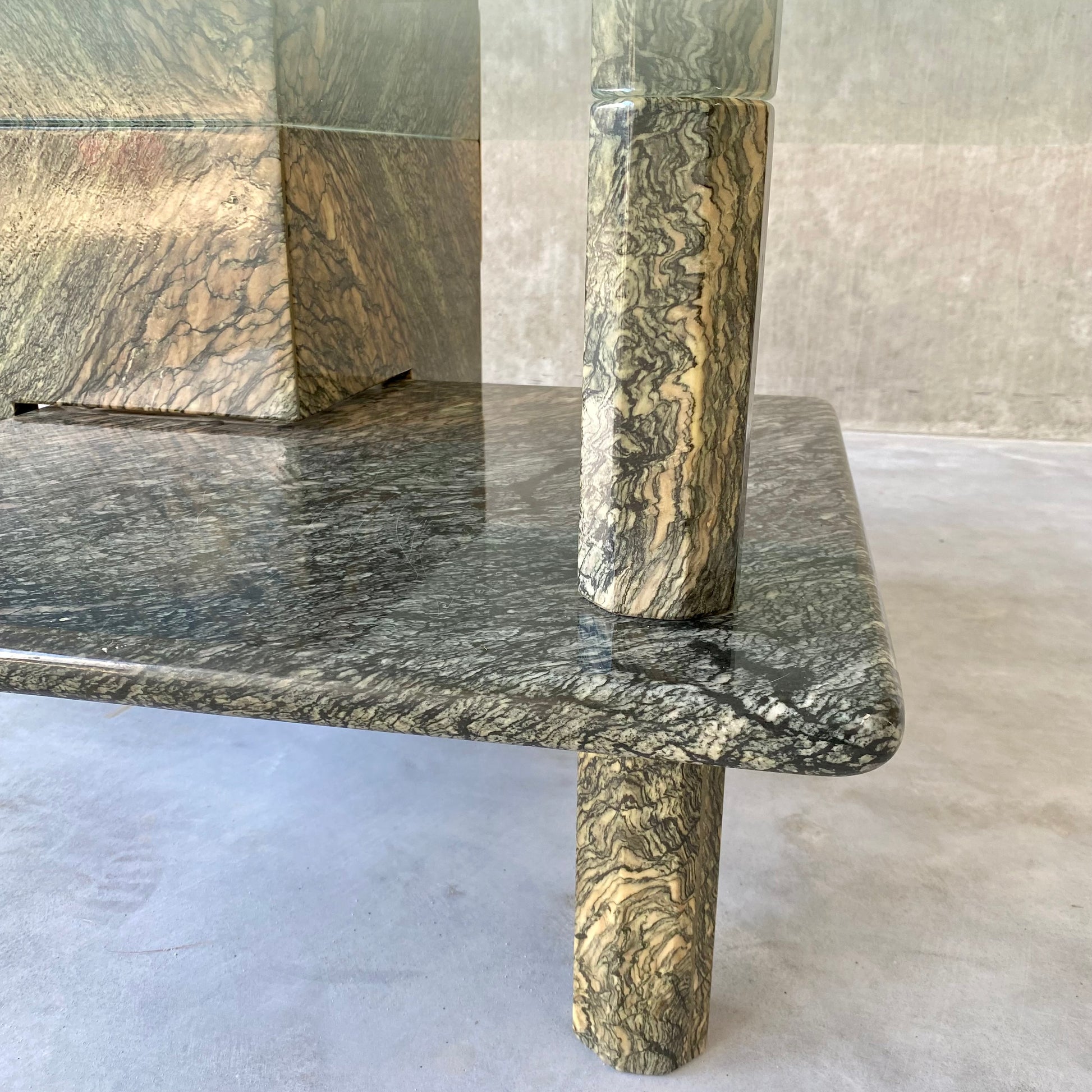 LARGE SICILIAN MARBLE COFFEE TABLE WITH GLASS TOP, ITALY 1980S