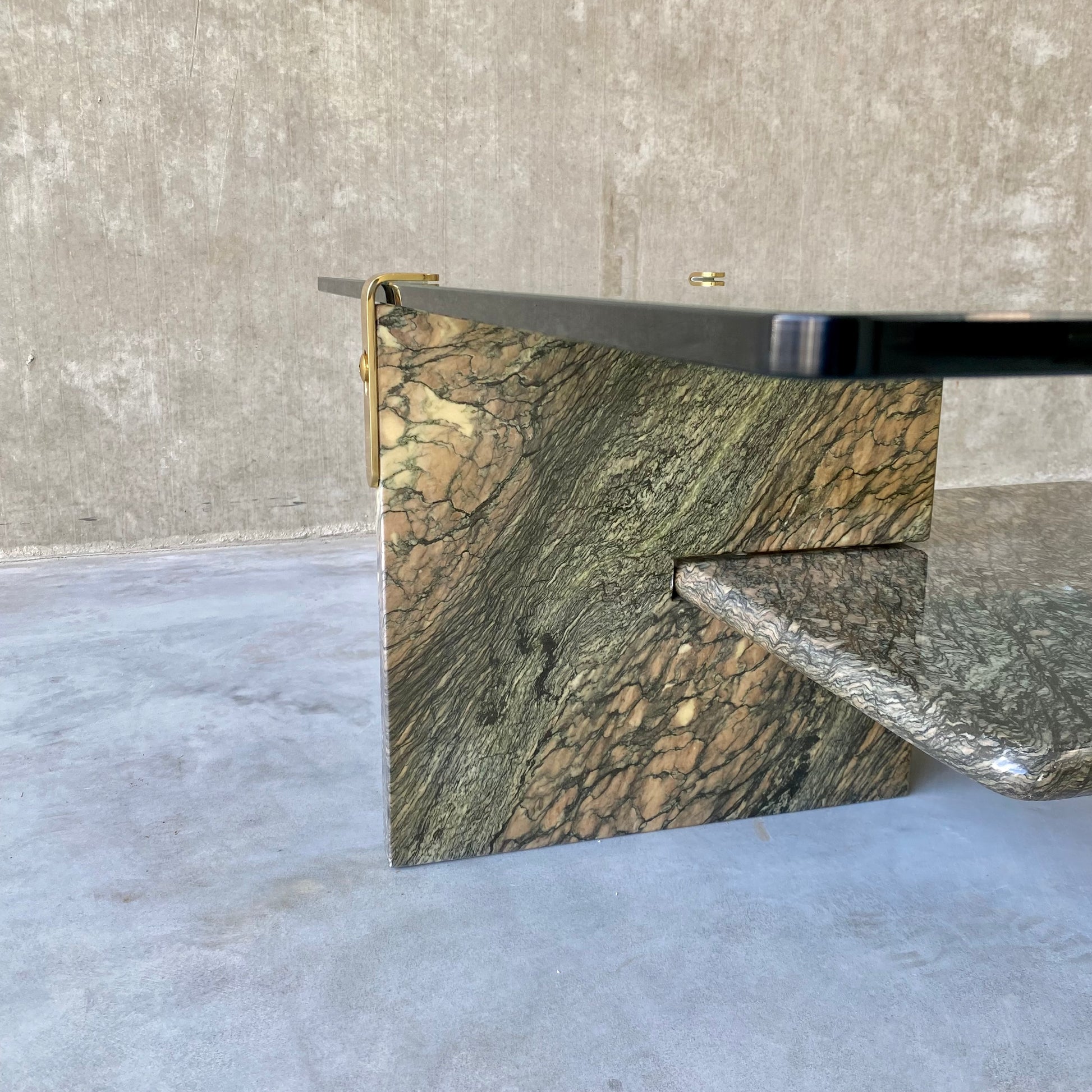 LARGE SICILIAN MARBLE COFFEE TABLE WITH GLASS TOP, ITALY 1980S