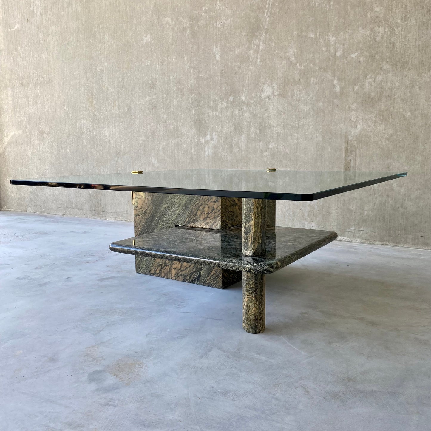 LARGE SICILIAN MARBLE COFFEE TABLE WITH GLASS TOP, ITALY 1980S