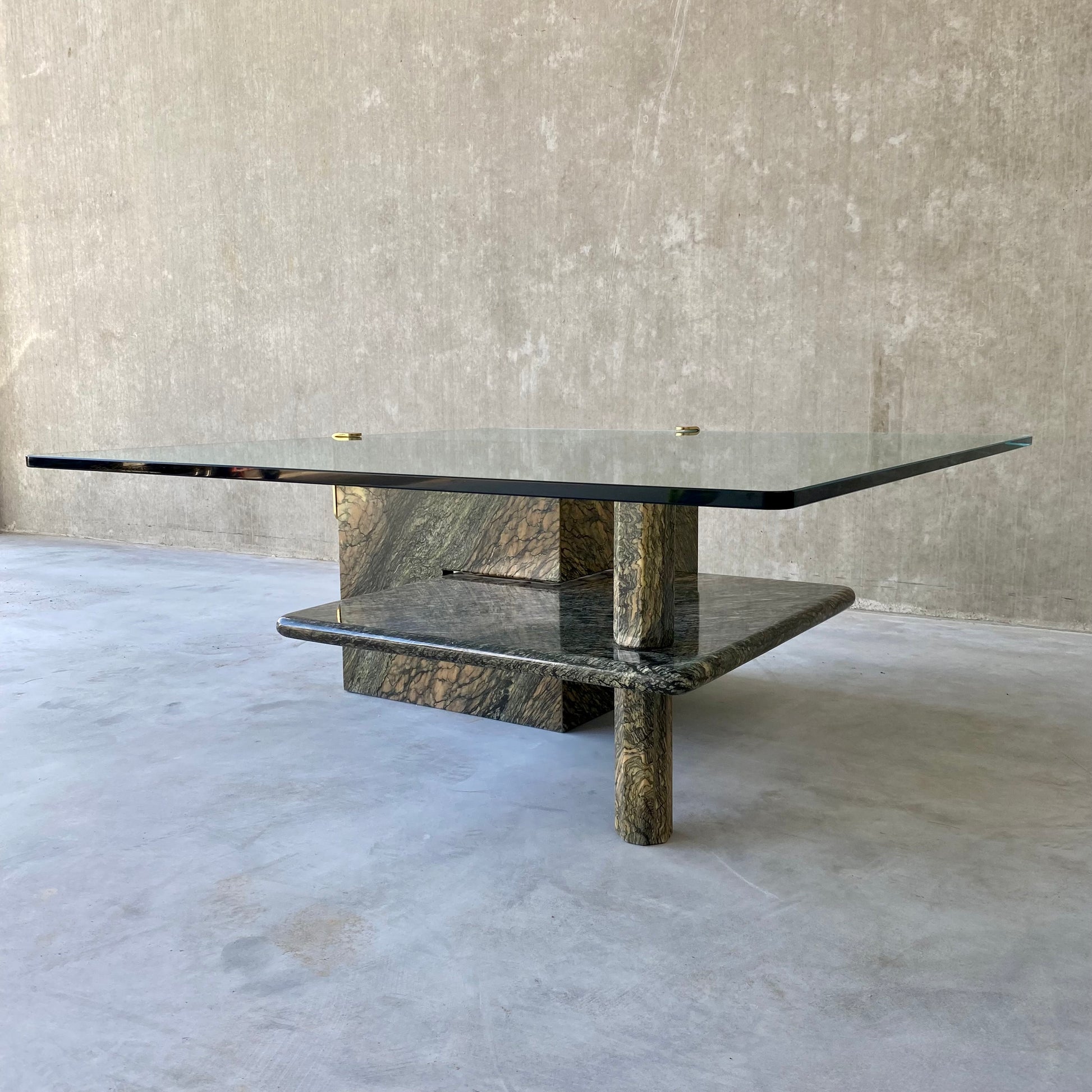 LARGE SICILIAN MARBLE COFFEE TABLE WITH GLASS TOP, ITALY 1980S