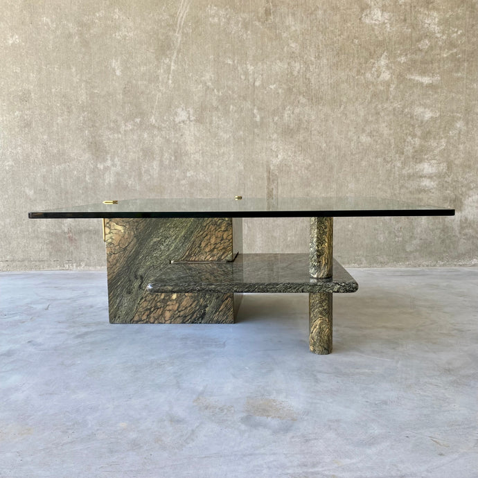 LARGE SICILIAN MARBLE COFFEE TABLE WITH GLASS TOP, ITALY 1980S
