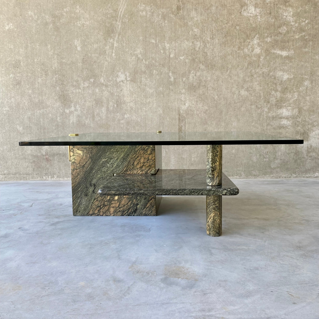 LARGE SICILIAN MARBLE COFFEE TABLE WITH GLASS TOP, ITALY 1980S