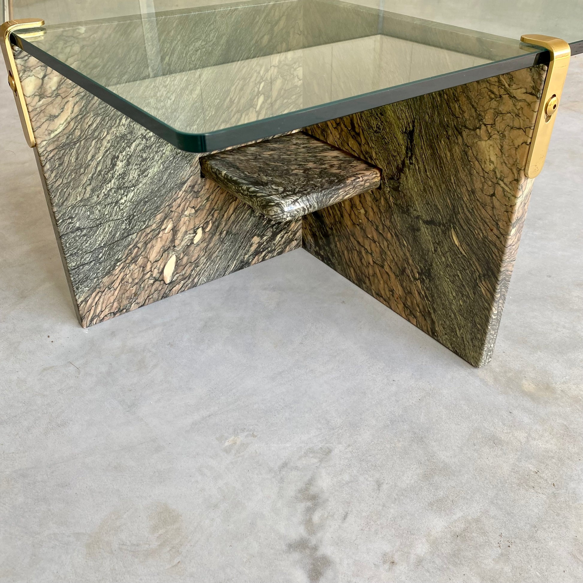 LARGE SICILIAN MARBLE COFFEE TABLE WITH GLASS TOP, ITALY 1980S