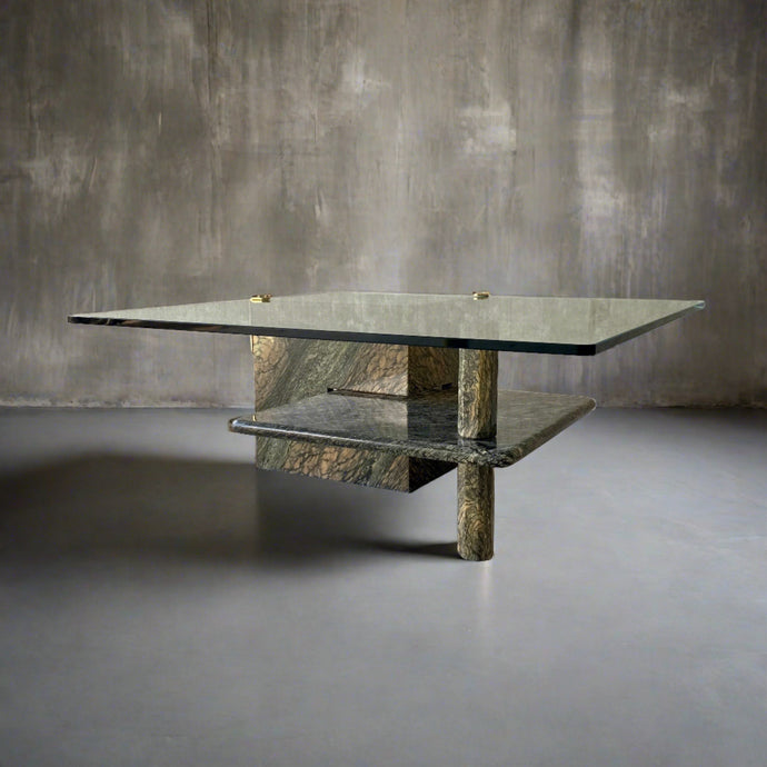 LARGE SICILIAN MARBLE COFFEE TABLE WITH GLASS TOP, ITALY 1980S