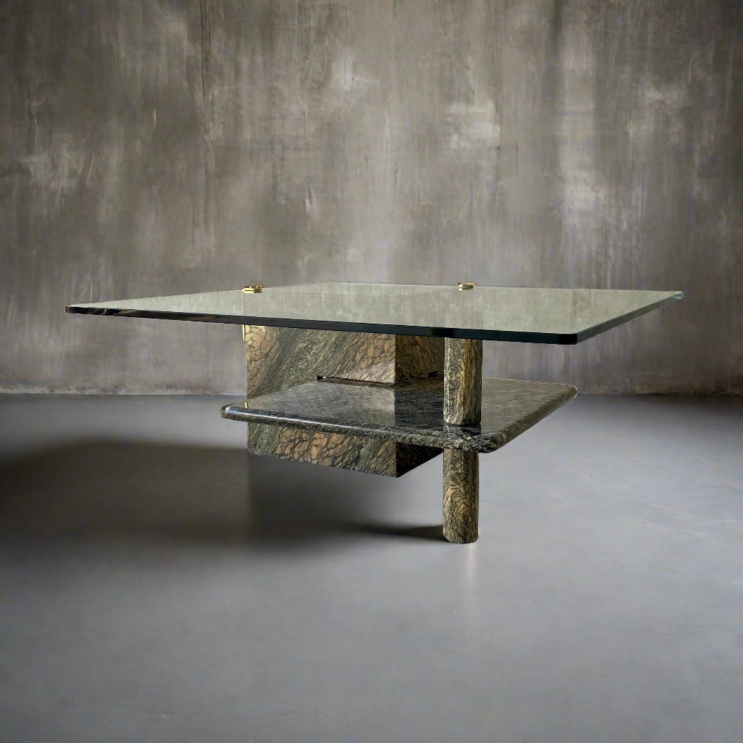 LARGE SICILIAN MARBLE COFFEE TABLE WITH GLASS TOP, ITALY 1980S