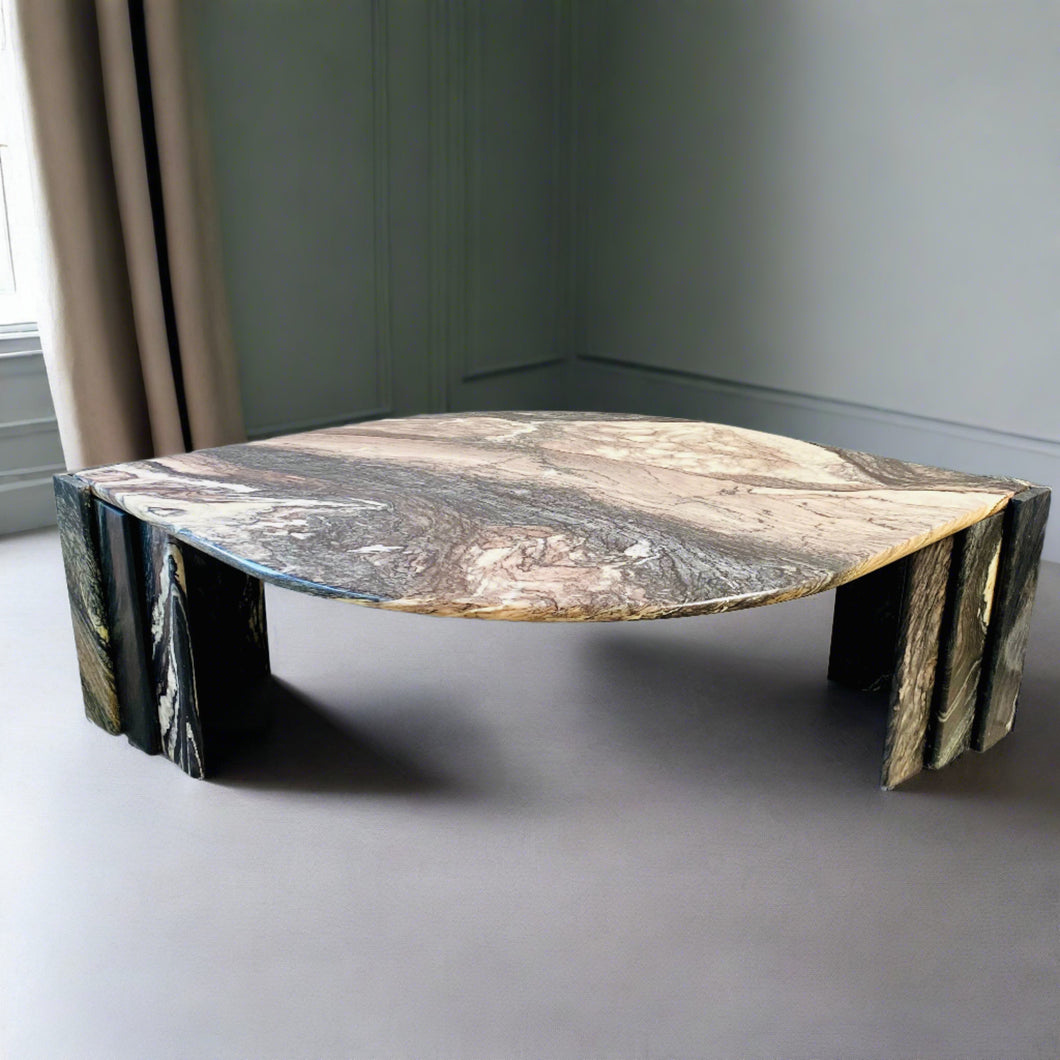 LARGE EYE SHAPED SICILIAN MARBLE COFFEE TABLE FOR ROCHE BOBOIS, ITALY 1970S