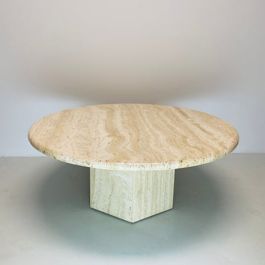 LARGE ROUND TRAVERTINE COFFEE TABLE WITH HEXAGONAL BASE, ITALY 1970S