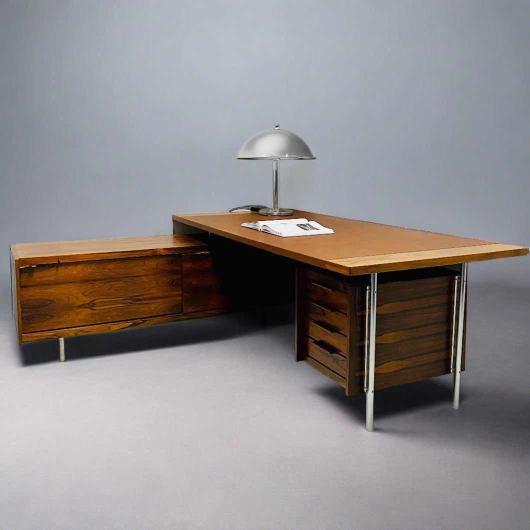 MID-CENTURY ROSEWOOD AND LEATHER EXECUTIVE DESK BY SVEN IVAR DYSTHE FOR DOKKA MOBLER, NORWAY 1960S