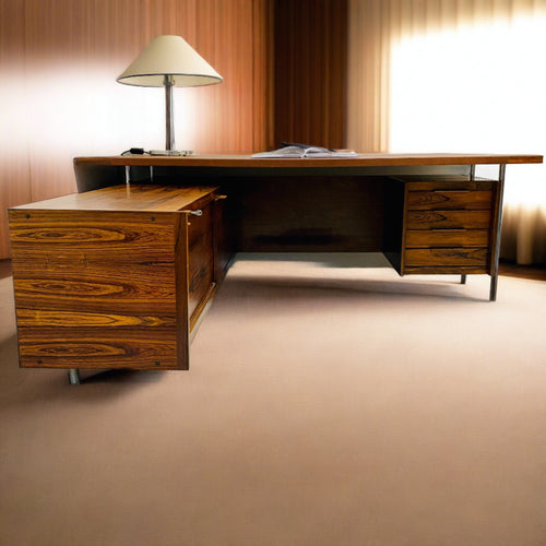 MID-CENTURY ROSEWOOD AND LEATHER EXECUTIVE DESK BY SVEN IVAR DYSTHE FOR DOKKA MOBLER, NORWAY 1960S