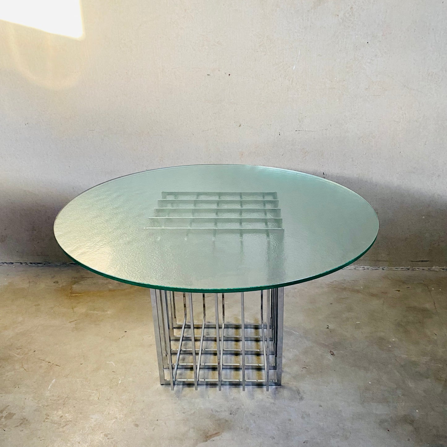 PIERRE CARDIN SCULPTURAL DINING TABLE IN GLASS AND METAL, FRANCE 1970S