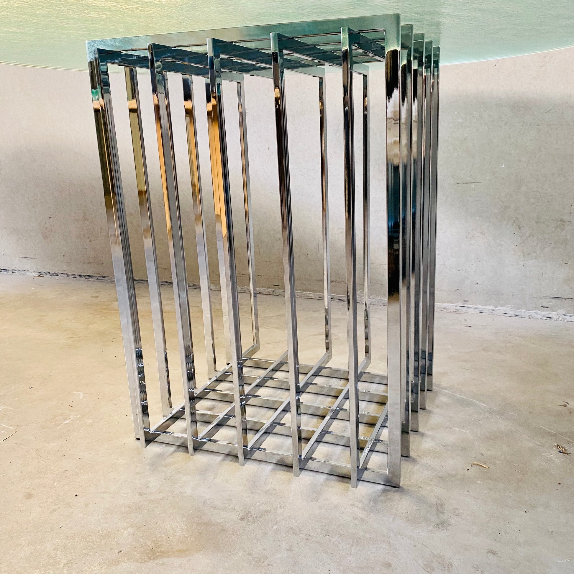 PIERRE CARDIN SCULPTURAL DINING TABLE IN GLASS AND METAL, FRANCE 1970S