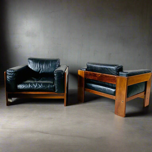 Set aus 2 schwarzen Ledersesseln „Bastiano“ von Tobia Scarpa für Knoll, Italien 1960