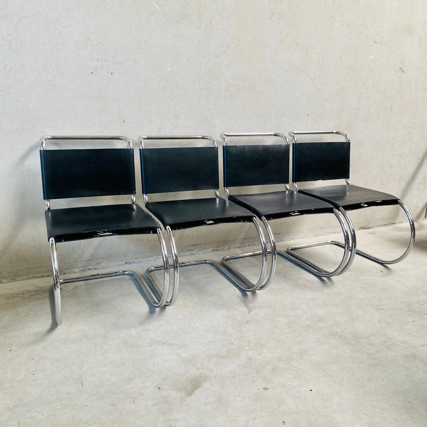 LEATHER MR SERIE DINING CHAIRS BY LUDWIG MIES VAN DER ROHE FOR BONONIA, ITALY 1960S