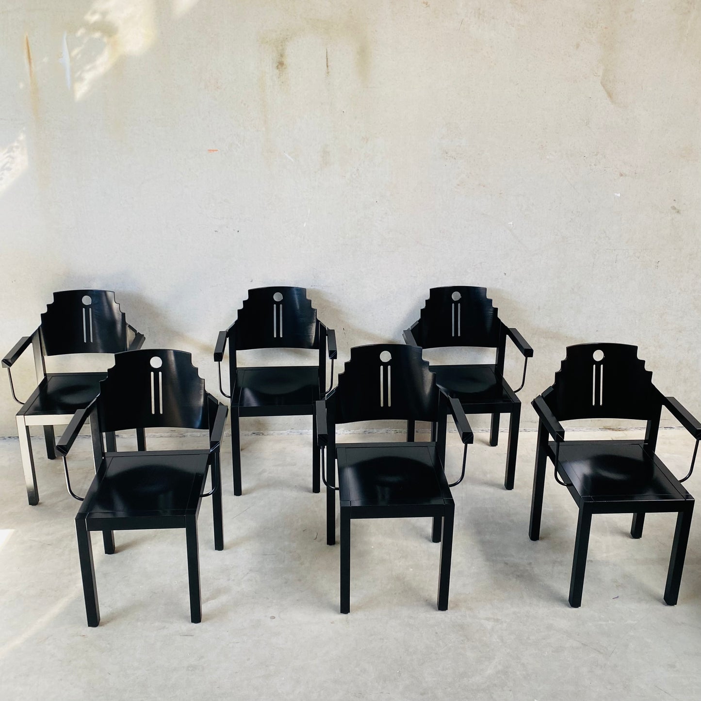 Set aus 6 Esszimmerstühlen im Memphis-Stil, schwarz lackiert, von Gebr. Thonet für Thonet Wien, Österreich, 1980