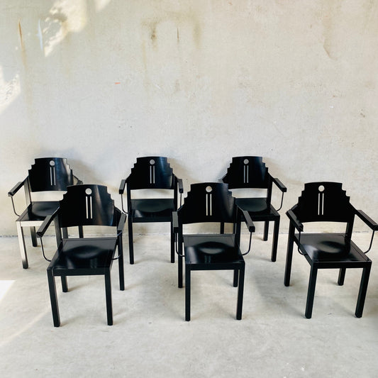 Set aus 6 Esszimmerstühlen im Memphis-Stil, schwarz lackiert, von Gebr. Thonet für Thonet Wien, Österreich, 1980