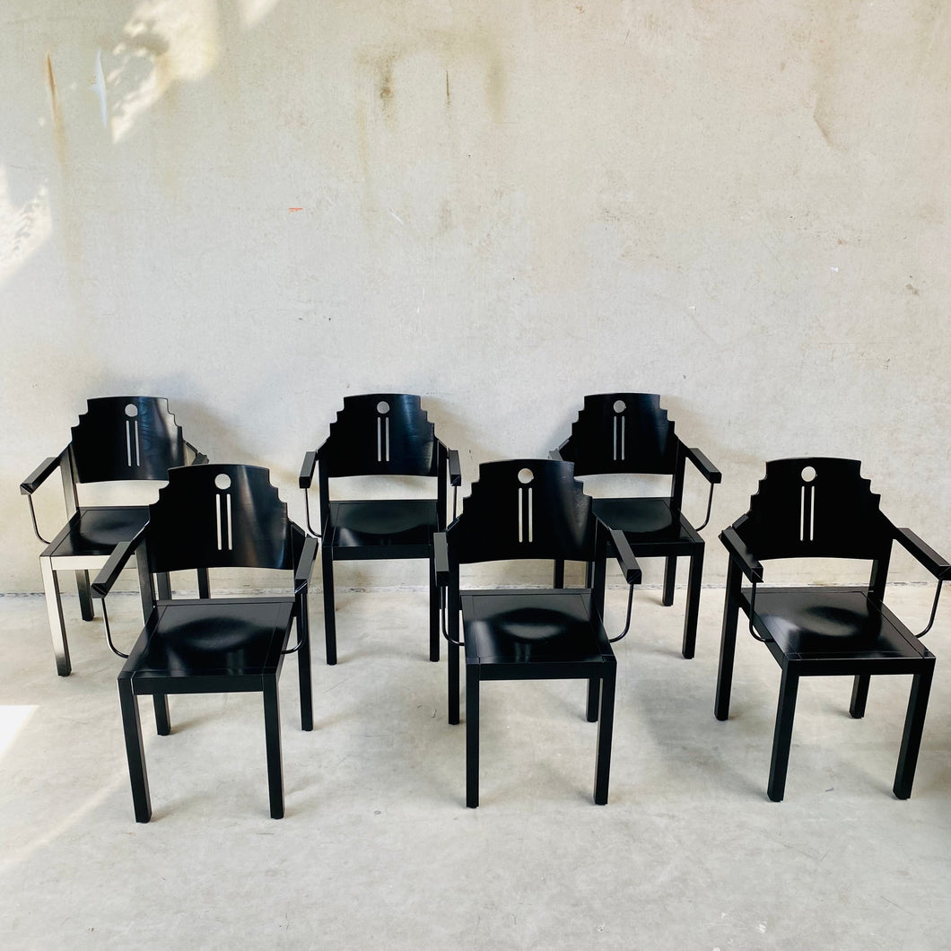 Set of 6 Memphis Style, Black Laquered Dining Chairs by Gebr. Thonet for Thonet Vienna, Austria 1980