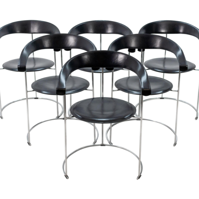 Sechs Arrben Canasta Esszimmerstühle aus italienischem schwarzem Sattlerleder, Design Italien 1970
