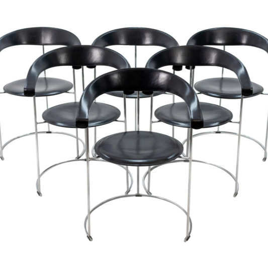 Sechs Arrben Canasta Esszimmerstühle aus italienischem schwarzem Sattlerleder, Design Italien 1970