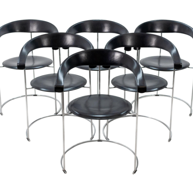 Six Arrben Canasta Italian Black Sattle Leather Design Dining Chairs Italy 1970